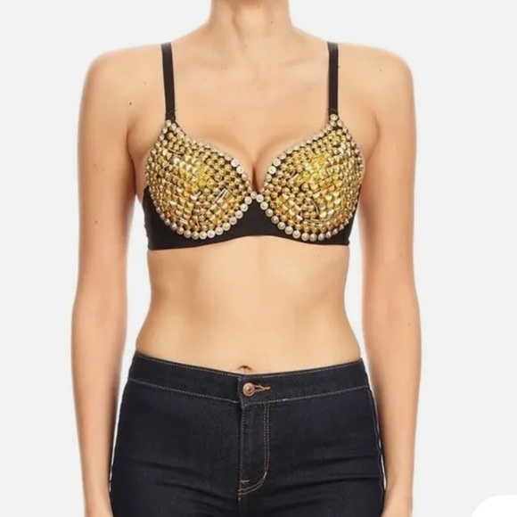 Hand Sewn Golden Studded Halter Bra Sz M Women - Picture 1 of 7